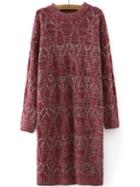 Romwe Women Long Sleeve Cable Knit Burgundy Sweater Dress
