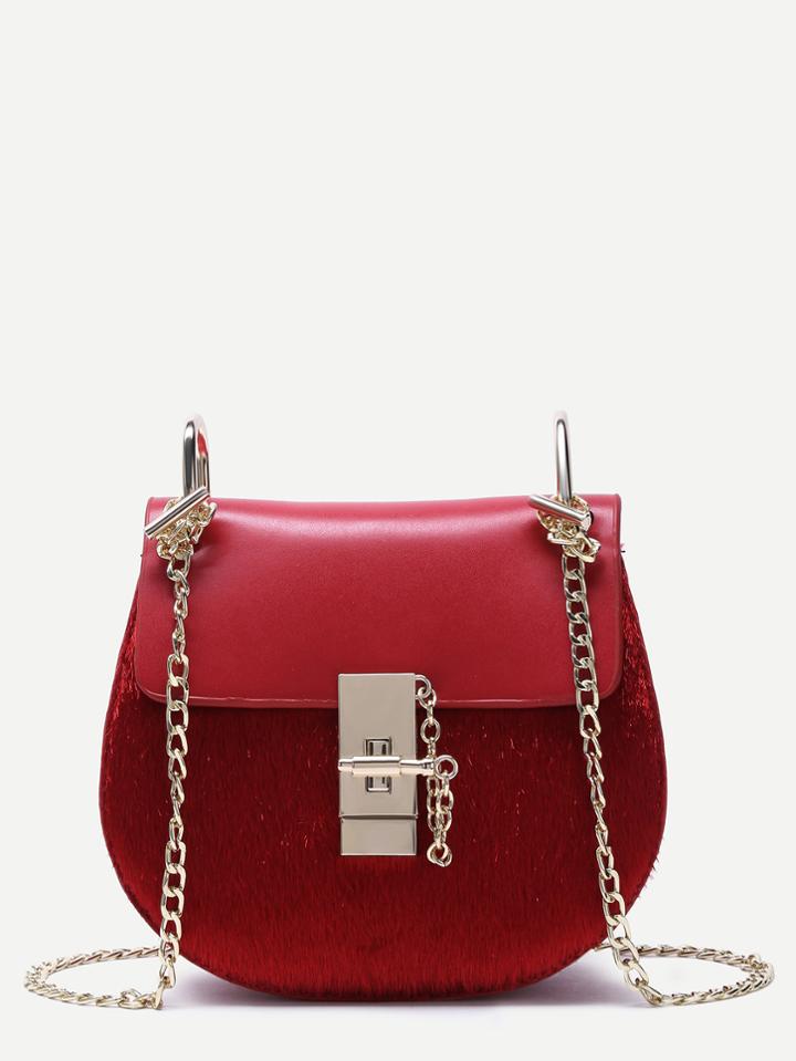 Romwe Red Horse Hair Covered Pu Saddle Bag With Chain Strap