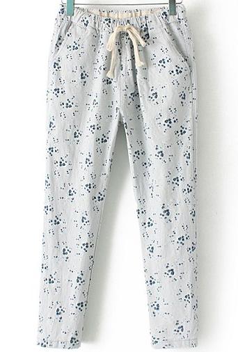 Romwe Drawstring Pastel Floral Print Grey Pant
