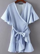 Romwe Bell Sleeve Ruffle Trim Wrap Dress With Self Tie