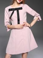 Romwe Pink Split Sleeve Bowknot A-line Dress