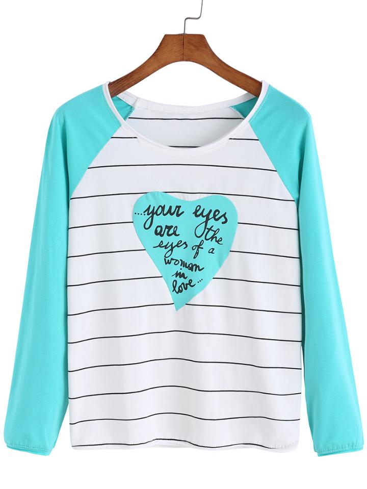 Romwe Striped Heart Patch T-shirt