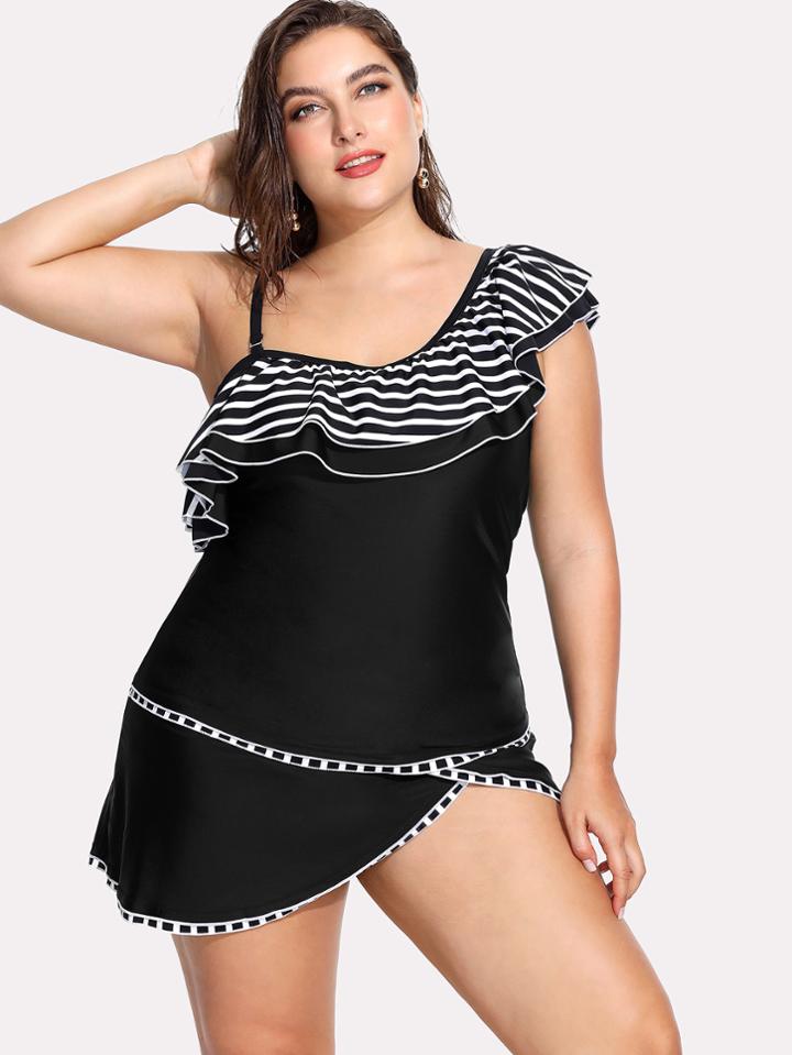 Romwe Striped Flounce Swim Dress Set