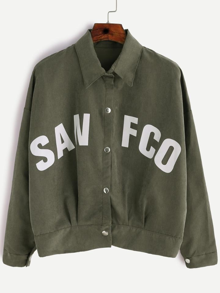 Romwe Army Green Letter Print Dropped Shoulder Seam Jacket
