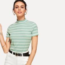 Romwe Striped Mock Neck Ribbed Tee