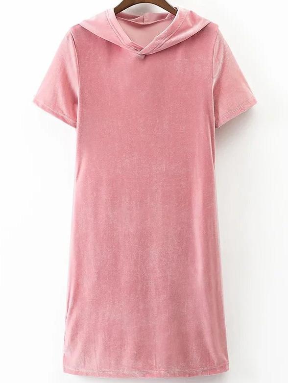 Romwe Pink Short Sleeve Hooded Velvet Dress