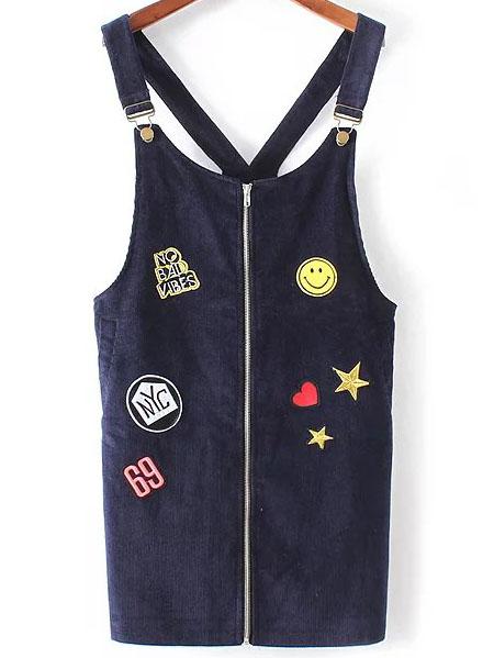Romwe Navy Patch Detail Zipper Overall Dress