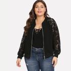 Romwe Plus Floral Lace Insert Bomber Jacket