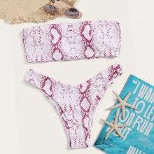 Romwe Snakeskin Bandeau Top With High Leg Bikini Set