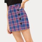 Romwe Tartan Button Front Mini Skirt