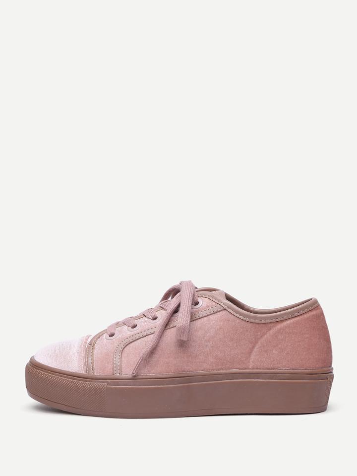 Romwe Lace Up Flatform Velvet Sneakers