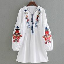 Romwe Lantern Sleeve Flower Embroidery Tassel Tie Dress