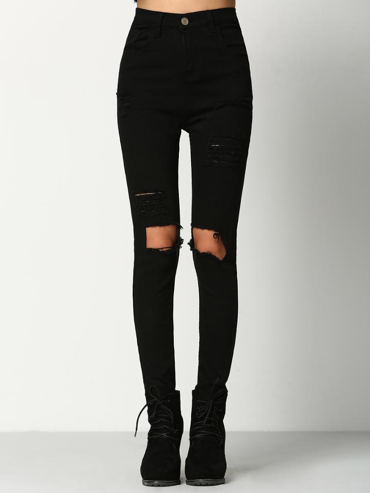 Romwe Black Skinny Ripped Denim Pant