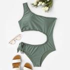 Romwe One Shoulder Cut-out Braided Trim Swimsuit