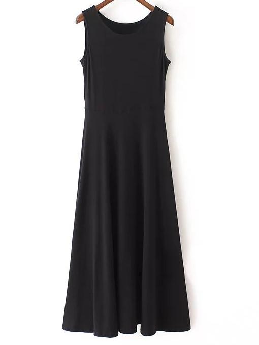 Romwe Black Round Neck Sleeveless Casual Skater Maxi Dress