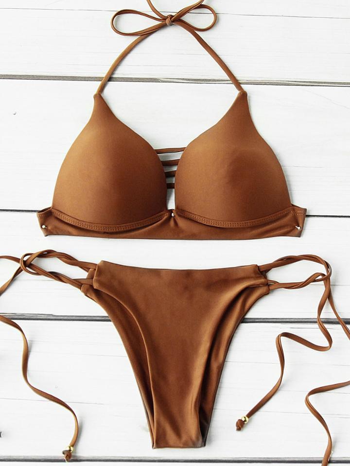 Romwe Ladder Cutout Side Tie Triangle Bikini Set