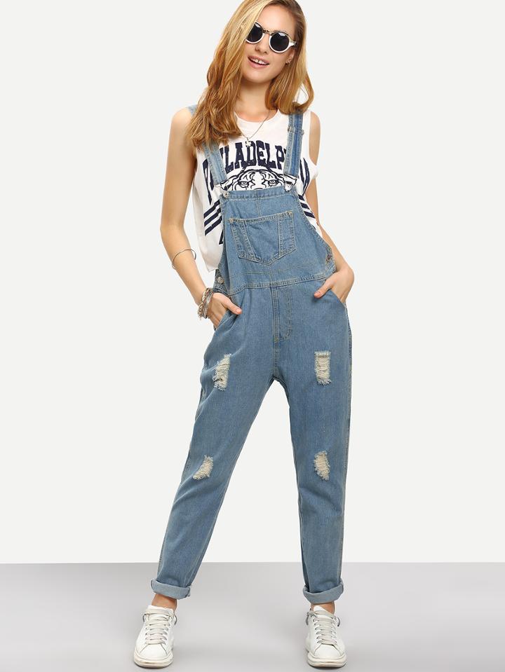 Romwe Ripped Loose-fit Denim Overall Jeans
