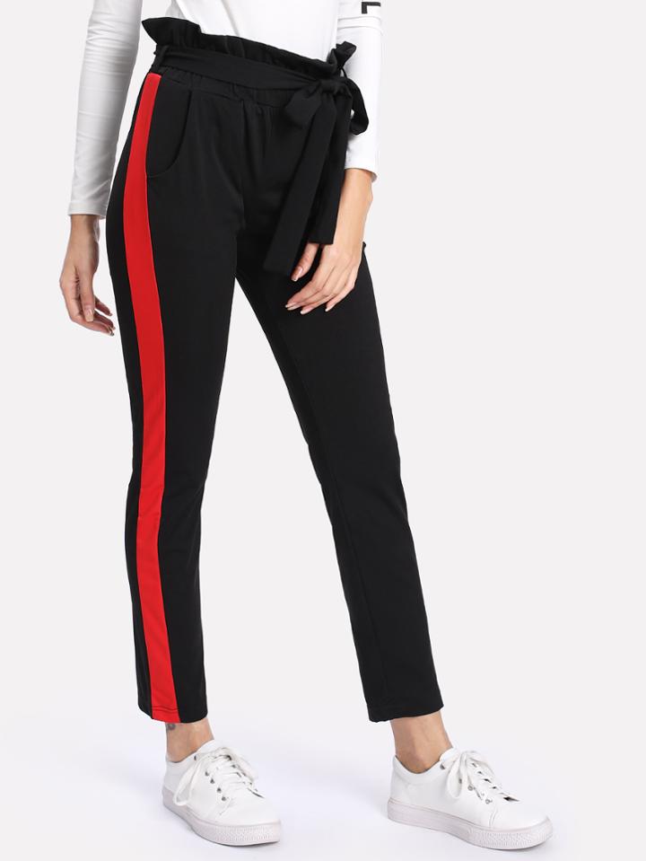 Romwe Contrast Panel Side Self Tie Waist Pants