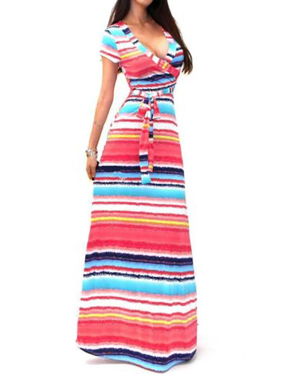 Romwe Deep V Neck Striped Belt Maxi Dress