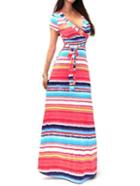 Romwe Deep V Neck Striped Belt Maxi Dress