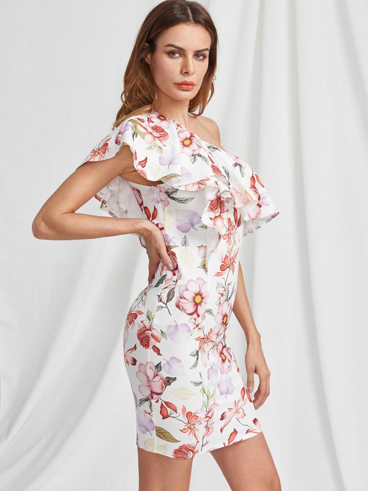 Romwe Flounce One Shoulder Botanical Dress