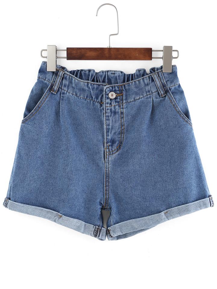 Romwe Elastic Waist Roll Hem Denim Shorts
