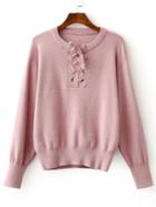 Romwe Pink Ribbed Trim Eyelet Lace Up Knitwear