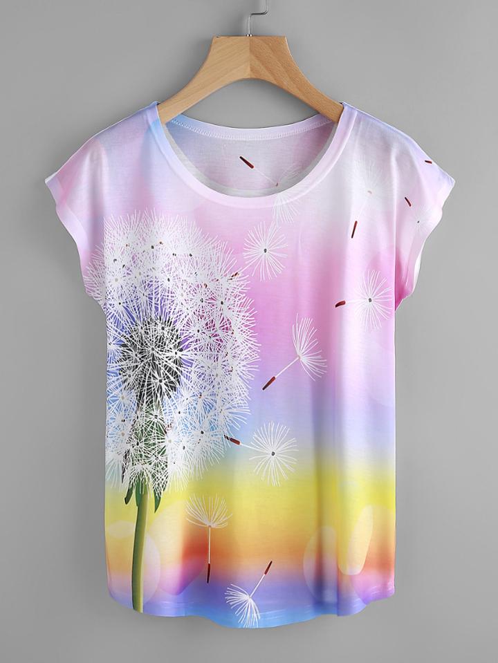 Romwe Dandelion Print Rainbow Ombre Tee