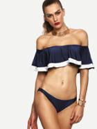 Romwe Off-the-shoulder Flounce Bikini Set - Navy