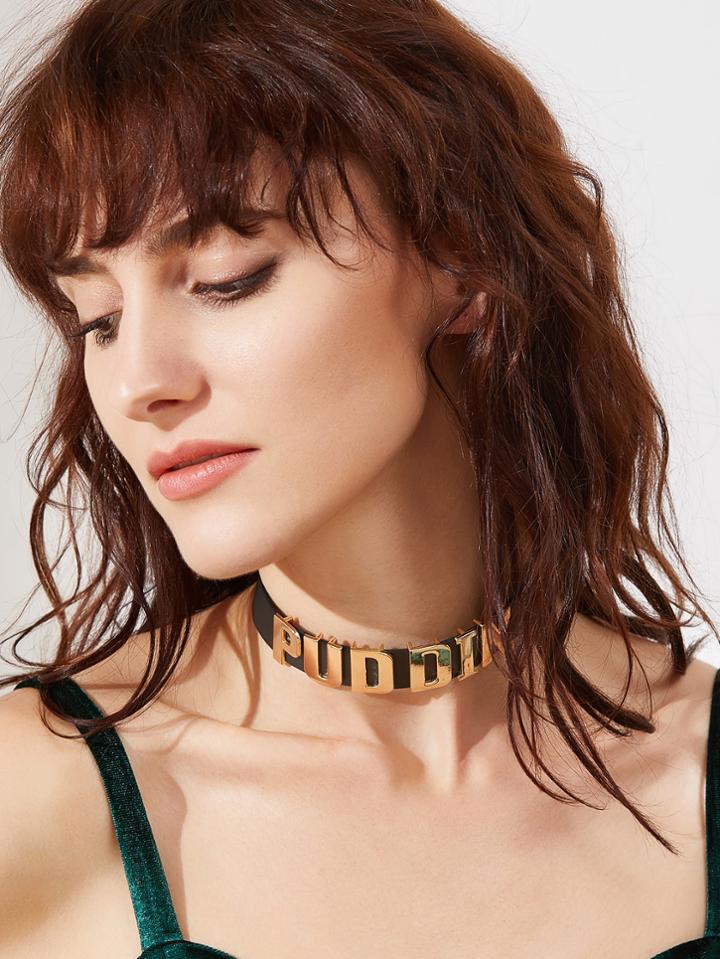 Romwe Black Metal Letter Choker