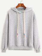 Romwe Grey Drop Shoulder Drawstring Hooded Sweatshirt
