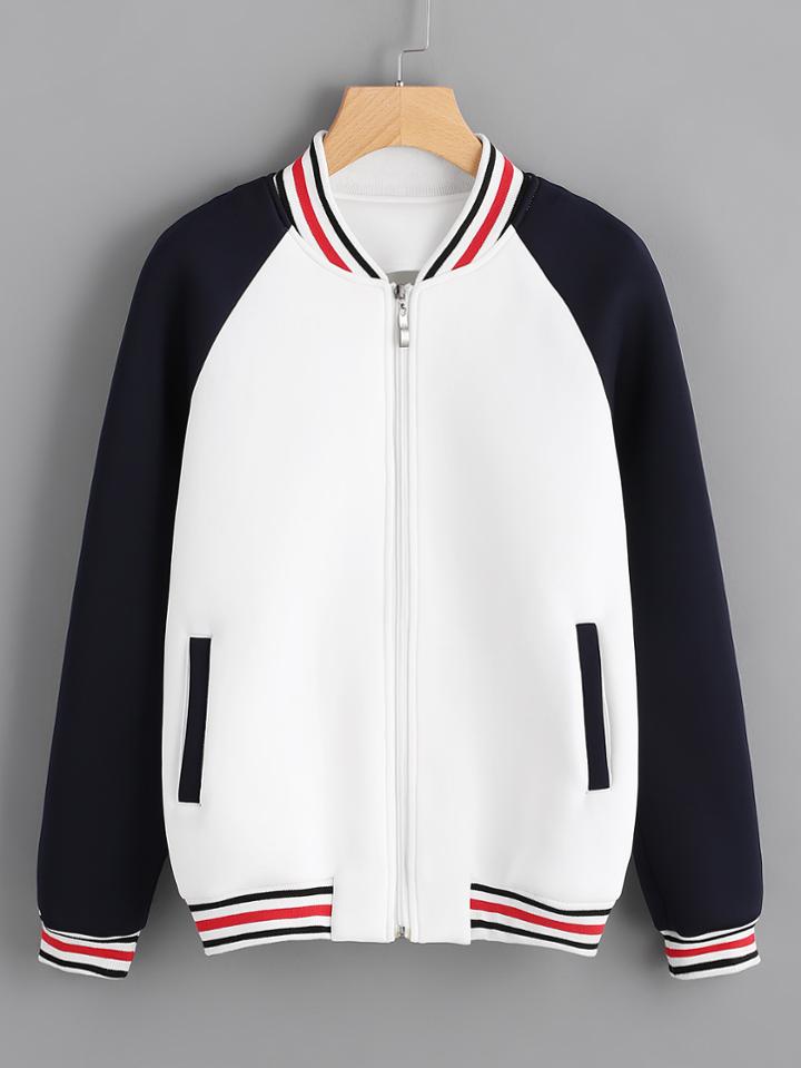Romwe Raglan Sleeve Striped Trim Zip Up Jacket