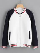Romwe Raglan Sleeve Striped Trim Zip Up Jacket