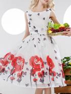 Romwe White Backless Tie-waist Butterfly Print Dress