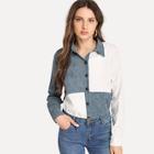 Romwe Colorblock Single Breasted Corduroy Blouse