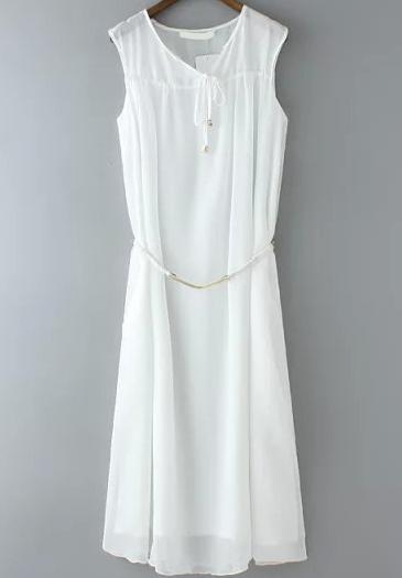 Romwe Sleeveless Lace Up Chiffon White Dress