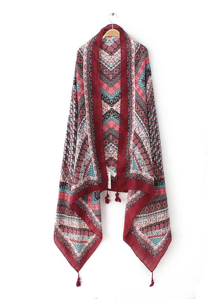 Romwe Burgundy Edge Tribal Print Tassel Voile Scarf