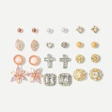 Romwe Faux Pearl & Cross Detail Stud Earrings 12pairs