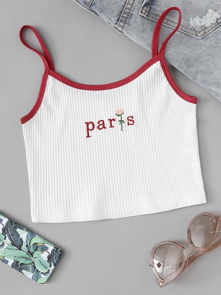 Romwe Letter Embroidered Crop Cami Top
