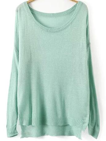 Romwe Dip Hem Slit Pale Blue Sweater