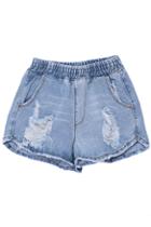 Romwe Elastic Distressed Blue Denim Shorts