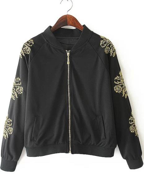 Romwe Stand Collar Embroidered Crop Jacket