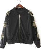 Romwe Stand Collar Embroidered Crop Jacket
