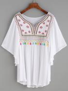 Romwe White Notch Neck Ruffle Sleeve Embroidered Fringe Blouse