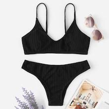 Romwe Adjustable Strap Rib Bikini Set