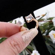 Romwe Faux Pearl & Rhinestone Cuff Ring