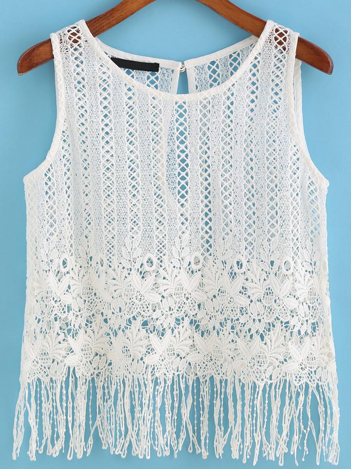 Romwe Round Neck Hollow Lace Tassel Tank Top
