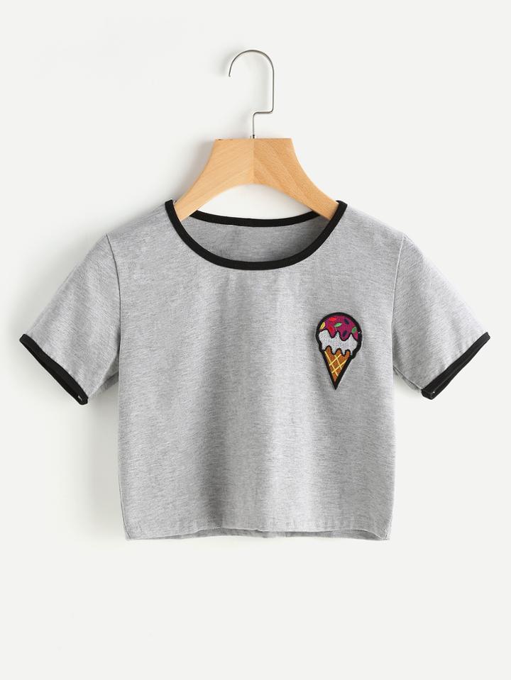 Romwe Ice Cream Patch Ringer Slub Crop Tee