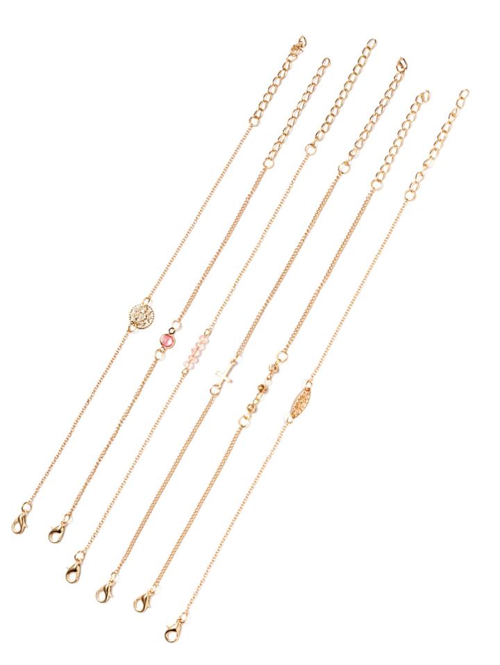 Romwe Gold Tone Embellished Link Bracelet Set