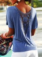 Romwe Blue Lace Crochet Insert T-shirt